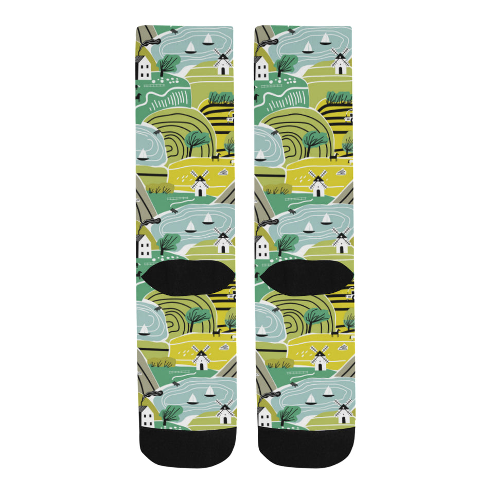 Hand drawn windmill pattern Crew Socks