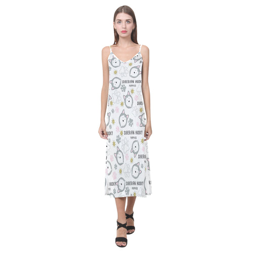 Siberian Husky design pattern V-Neck Open Fork Long Dress