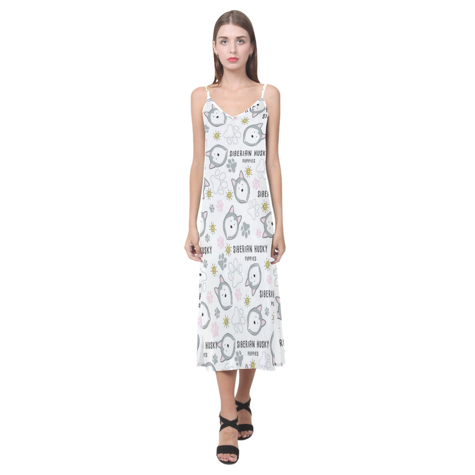 Siberian Husky design pattern V-Neck Open Fork Long Dress