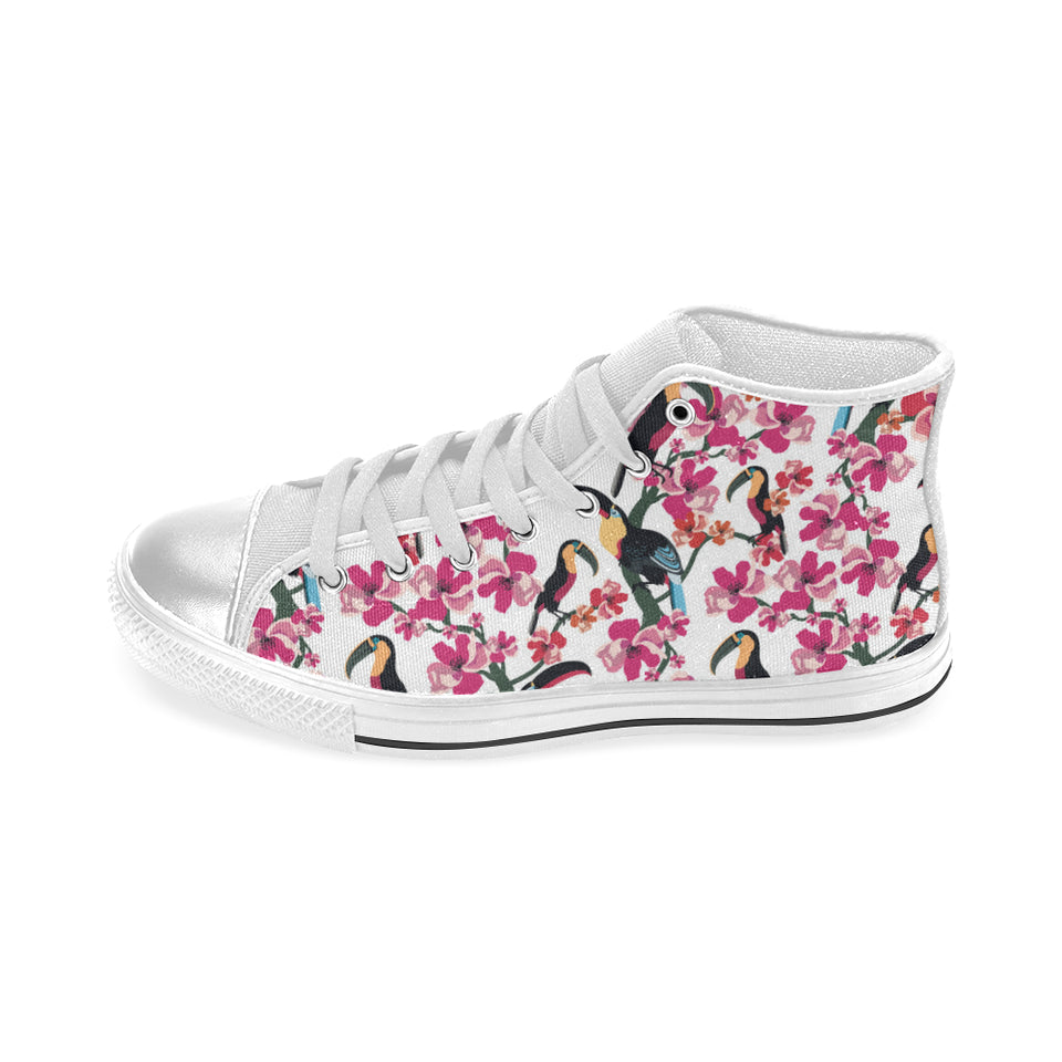 Toucan flower design pattern Women's High Top Canvas Shoes White