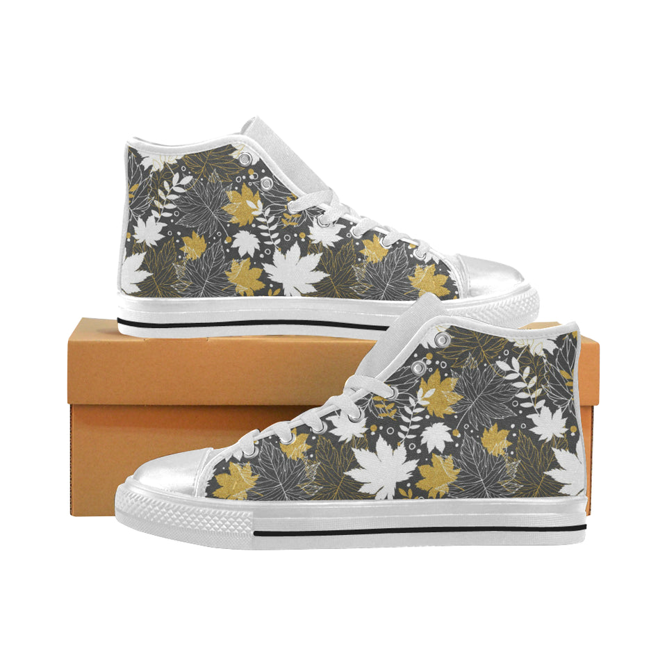 Beautiful gold autumn maple leaf pattern Women's High Top Canvas Shoes White