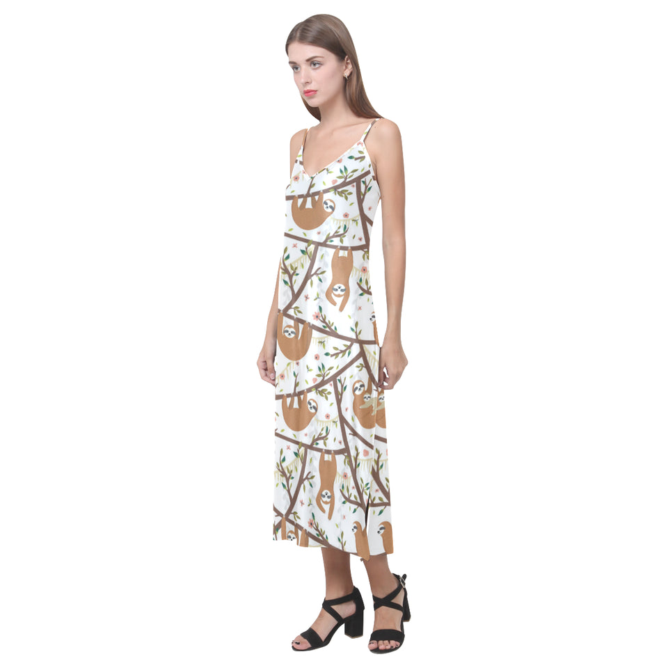 Sloths hanging on the tree pattern V-Neck Open Fork Long Dress