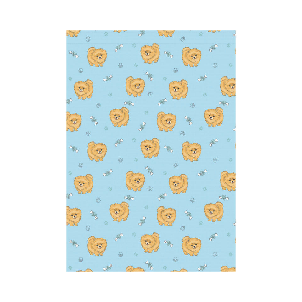 Brown cute pomeranian blue blackground House Flag Garden Flag