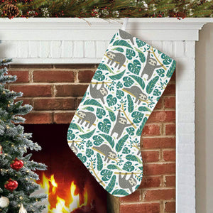 Cute sloths tropical palm leaves white background Christmas Stocking
