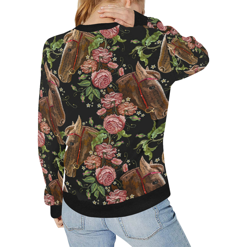 Horse head wild roses pattern Women's Crew Neck Sweatshirt