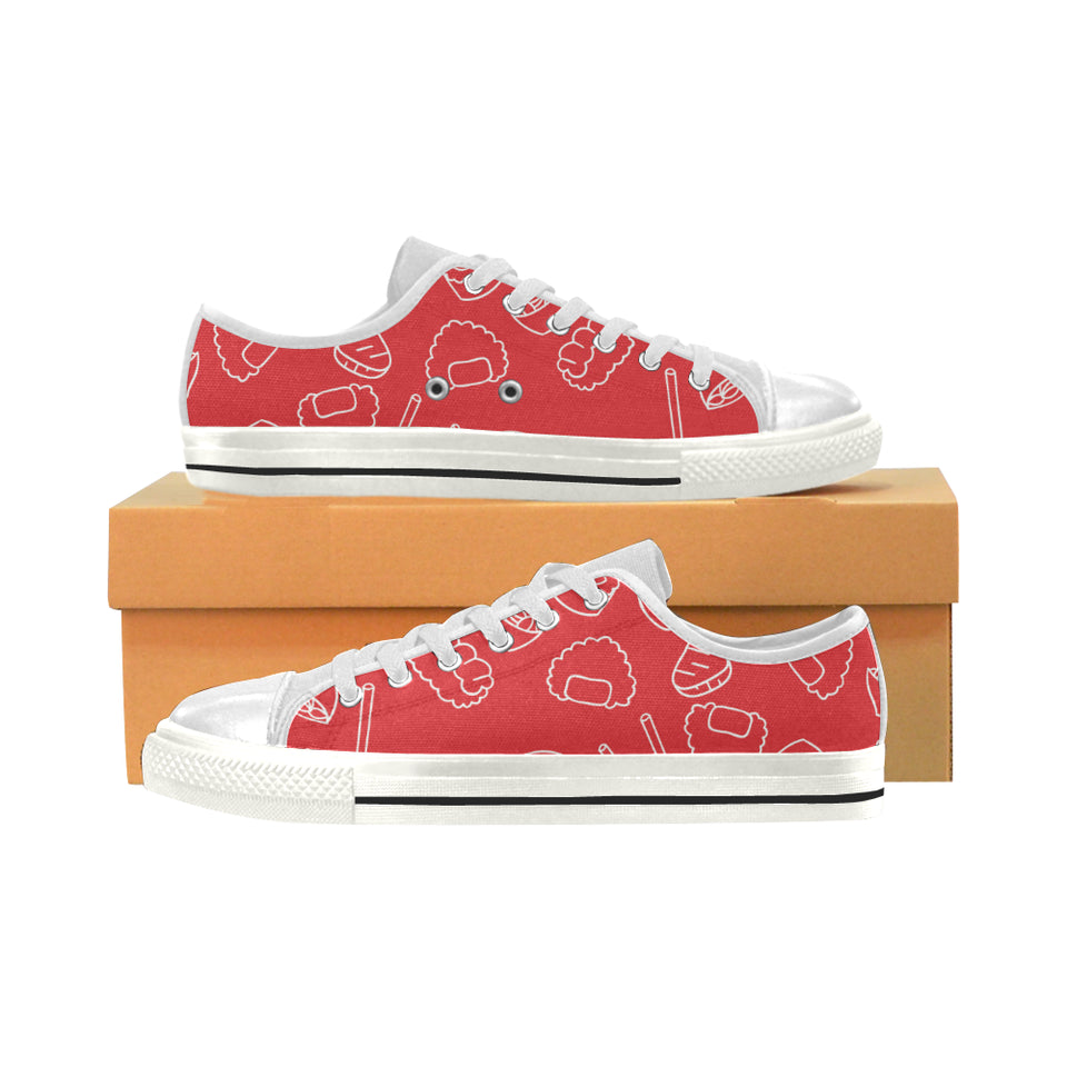 sushi pattern red background Women's Low Top Canvas Shoes White