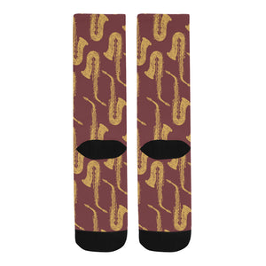 Hand drawn gold saxophone red background Crew Socks