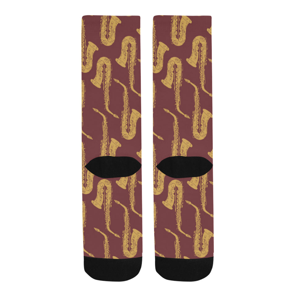 Hand drawn gold saxophone red background Crew Socks