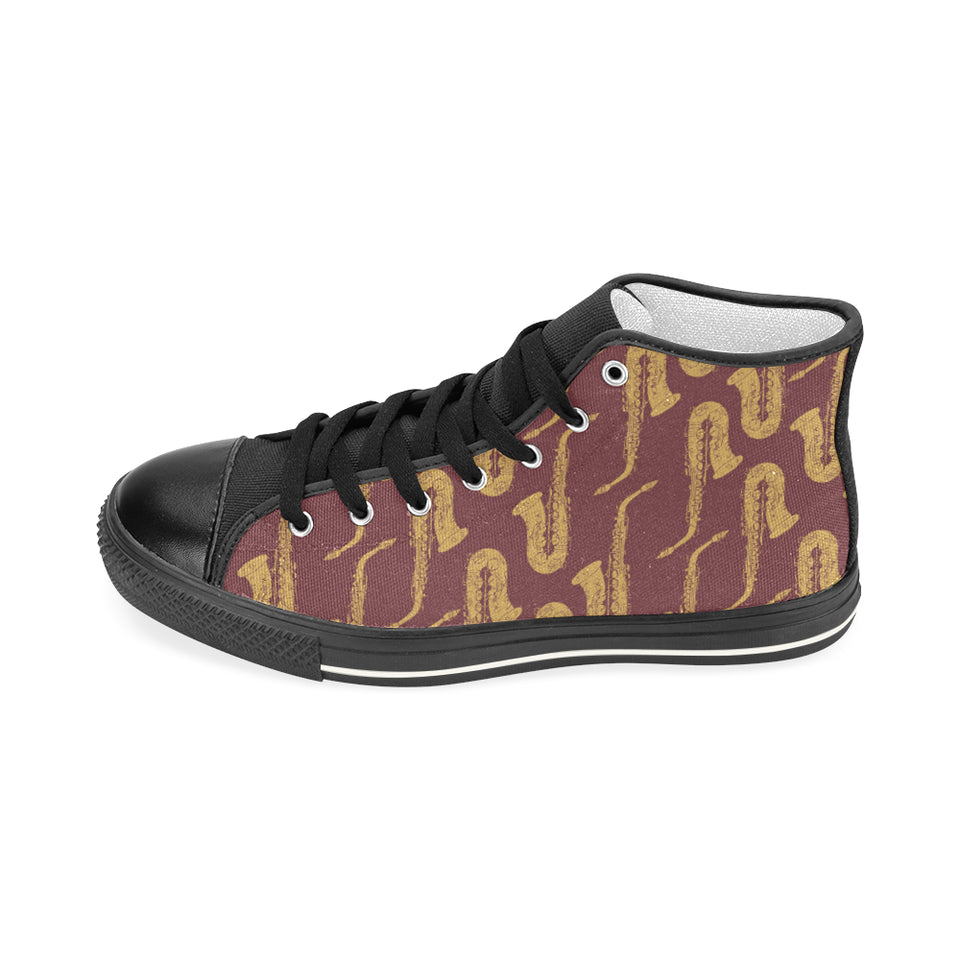 Hand drawn gold saxophone red background Women's High Top Canvas Shoes Black