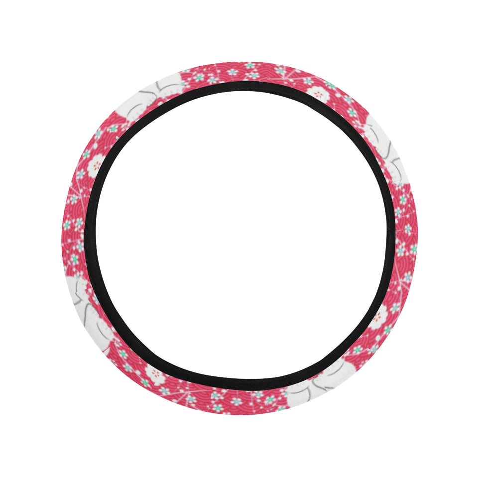 Maneki neko cat sakura pink background Car Steering Wheel Cover