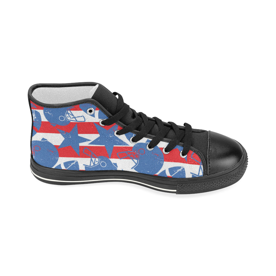 American football ball star stripes pattern Women's High Top Canvas Canvas Shoes Black