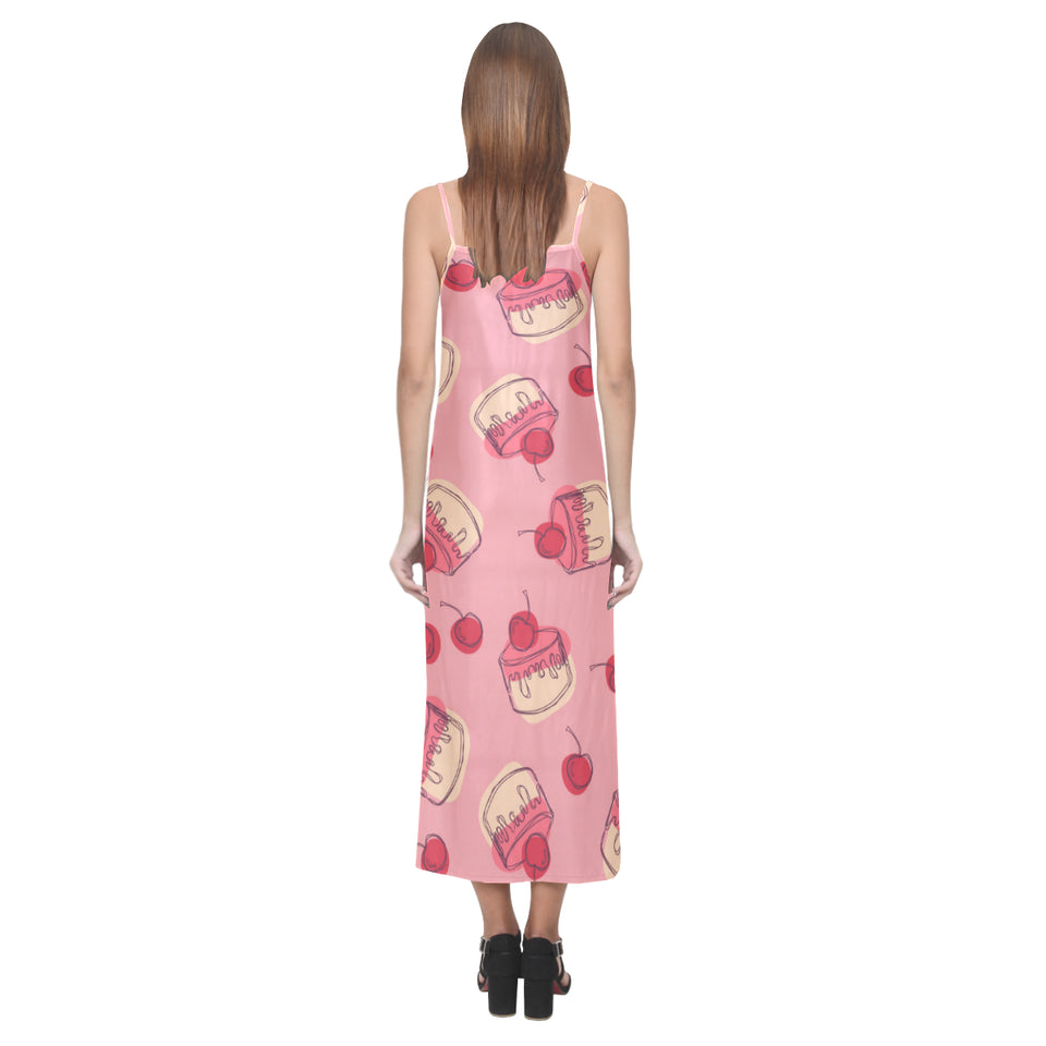 Cake cherry pattern V-Neck Open Fork Long Dress