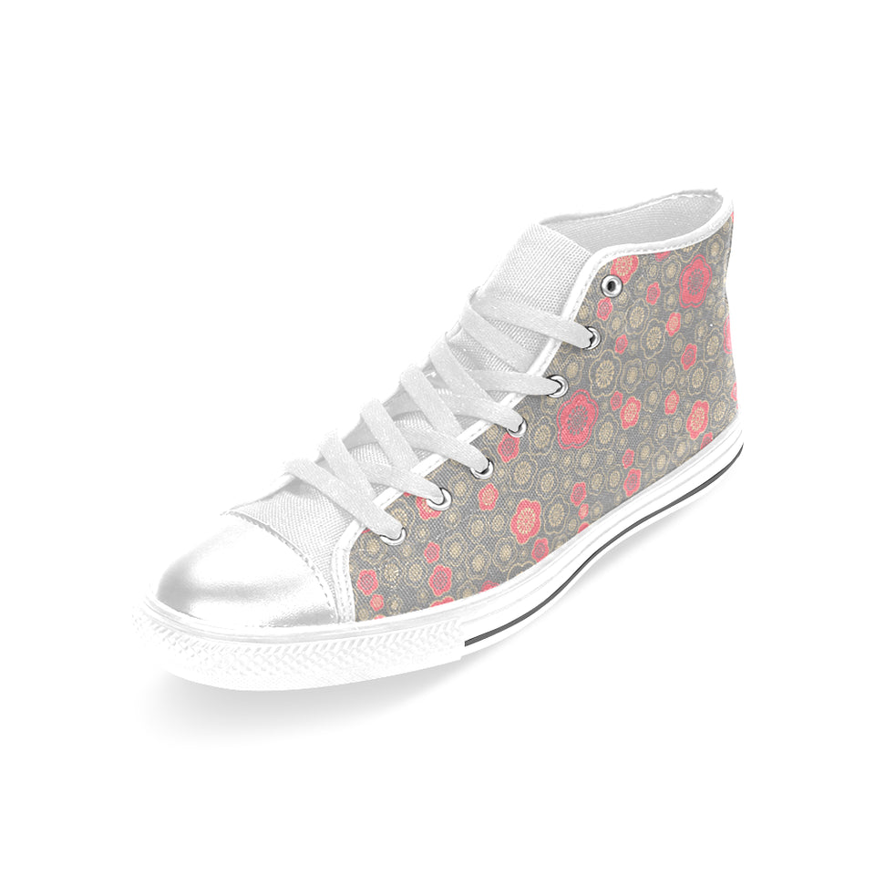 Red gold Sakura cherry blossom gray background Women's High Top Canvas Shoes White