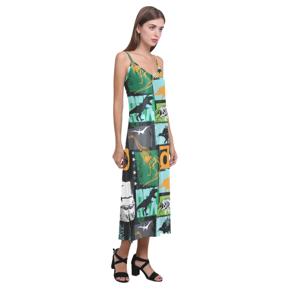 dinosaurs print pattern V-Neck Open Fork Long Dress