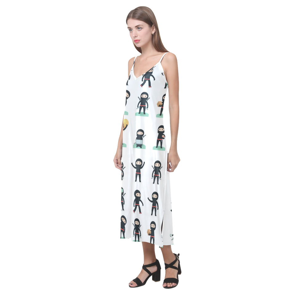 Cute ninja katana sword pattern V-Neck Open Fork Long Dress
