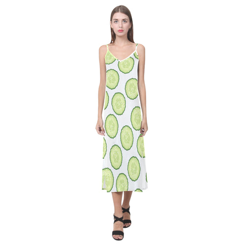 Cucumber slices pattern V-Neck Open Fork Long Dress