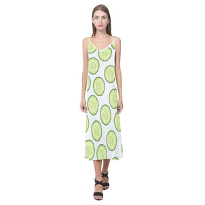 Cucumber slices pattern V-Neck Open Fork Long Dress