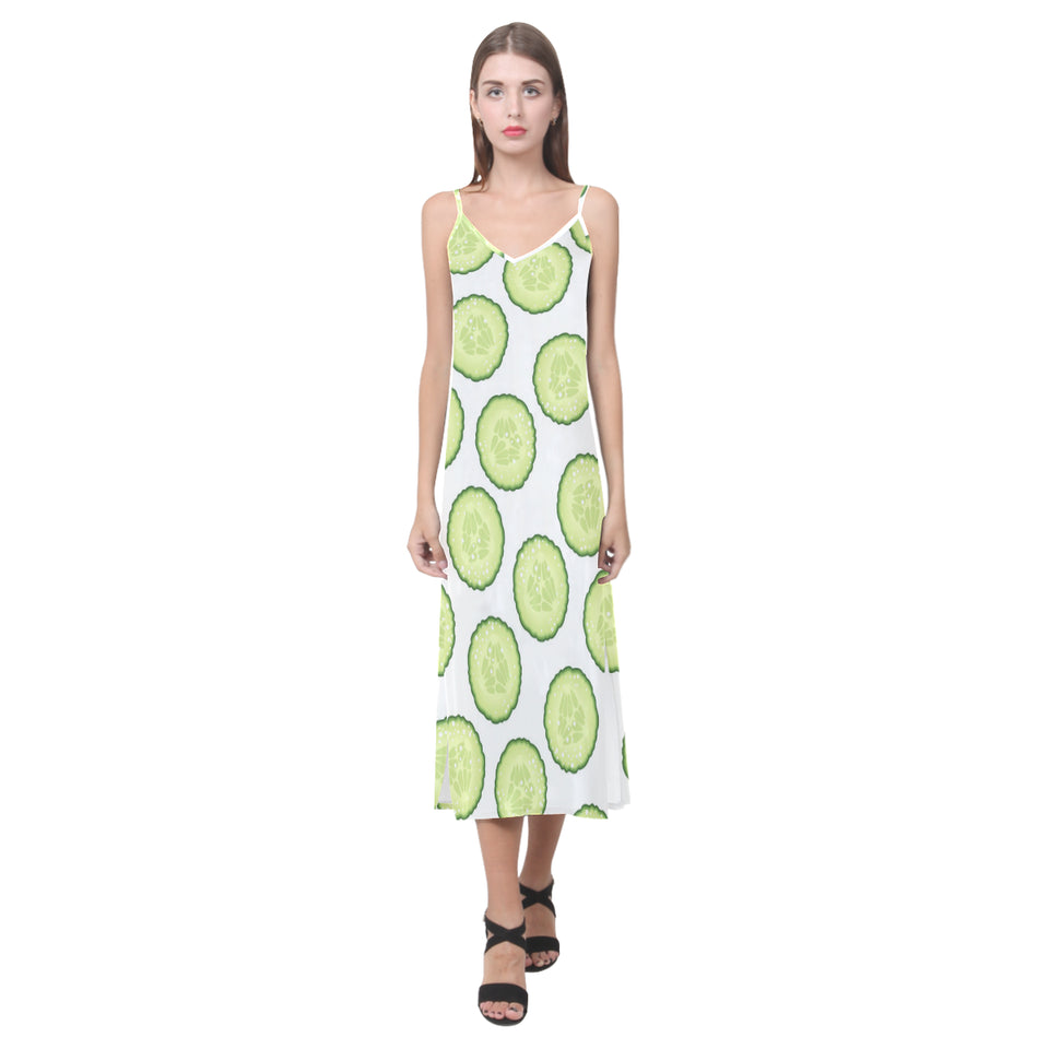 Cucumber slices pattern V-Neck Open Fork Long Dress