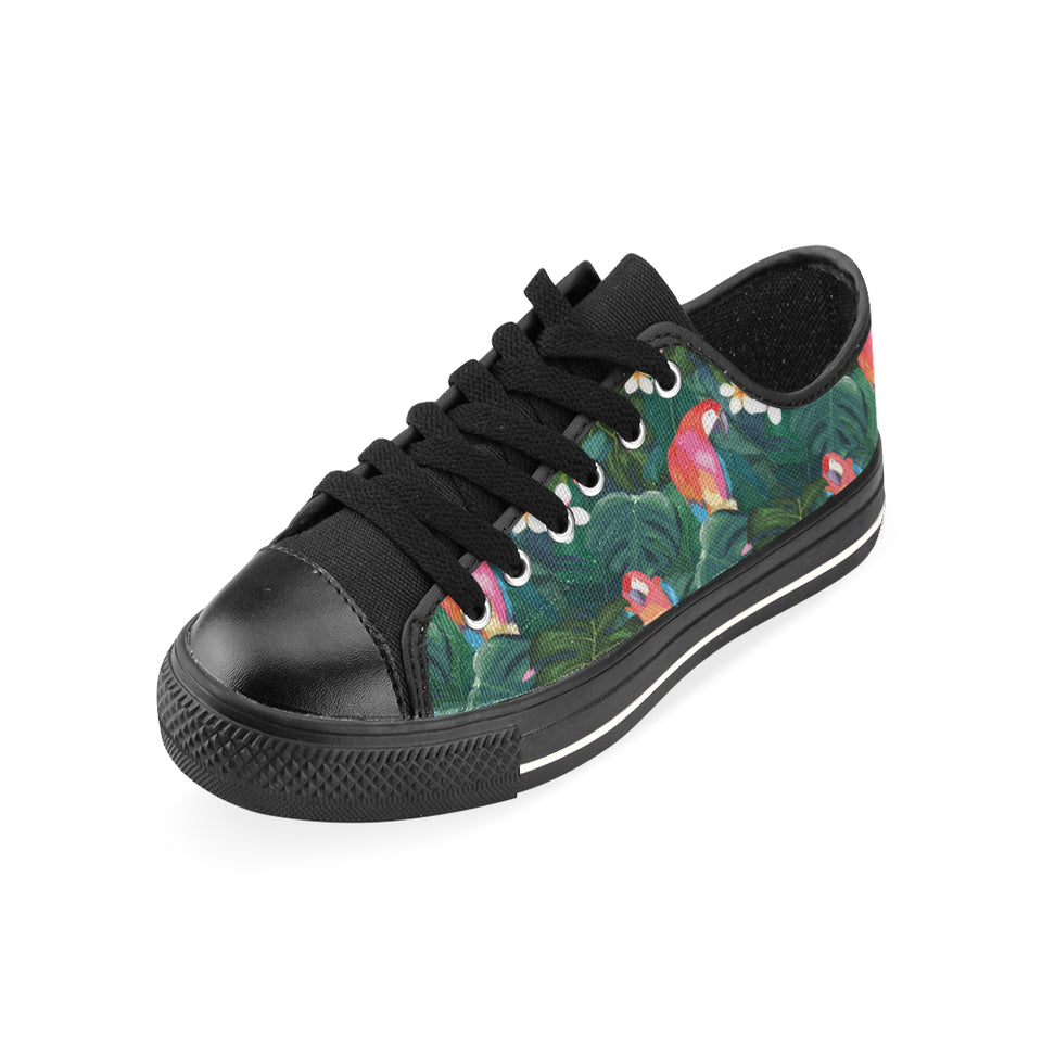 Parrot Palm tree leaves flower hibiscus pattern Men's Low Top Canvas Shoes Black