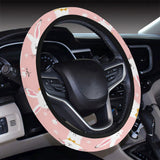 Cute white rabbit flower pink background Car Steering Wheel Cover