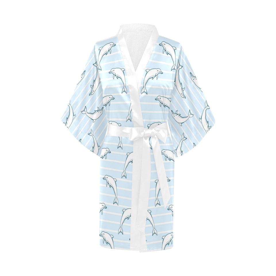 Dolphin blue striped background Women's Short Kimono Robe