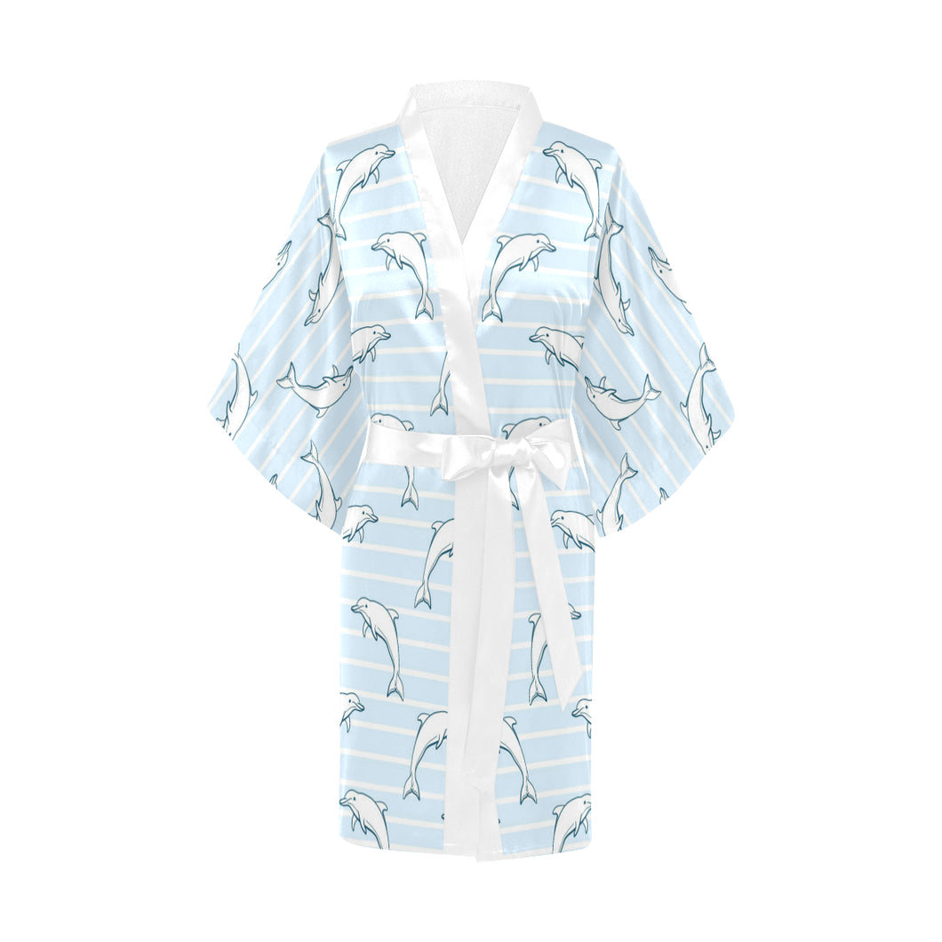 Dolphin blue striped background Women's Short Kimono Robe