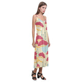 Red Bonsai gray sun japanese pattern V-Neck Open Fork Long Dress