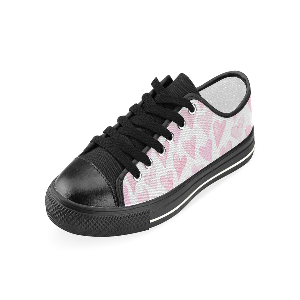 Watercolor pink heart pattern Women's Low Top Canvas Shoes Black