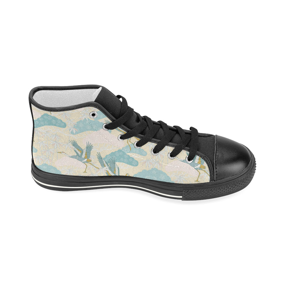 Bonsai bamboo stork japanese pattern cream theme Women's High Top Canvas Shoes Black