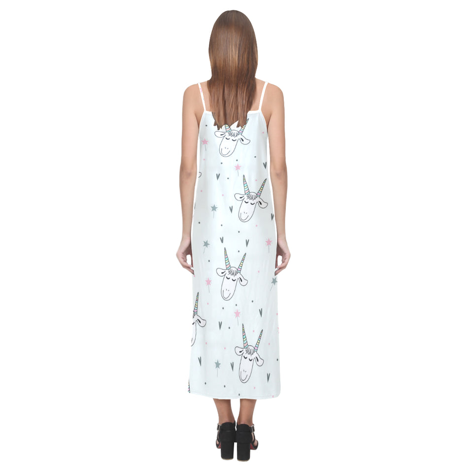 Cute goat design pattern V-Neck Open Fork Long Dress