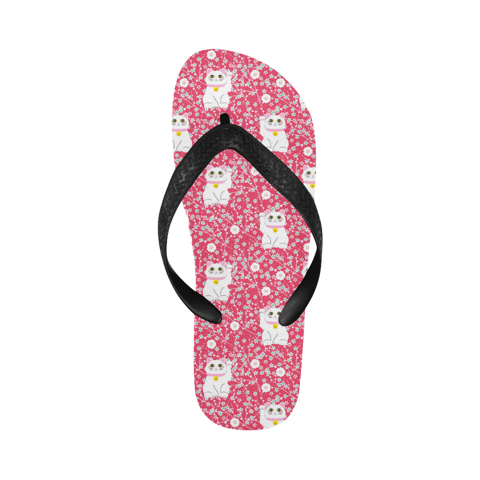 Maneki neko cat sakura pink background Unisex Flip Flops