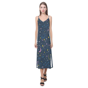 space pattern with planets, comets, constellations V-Neck Open Fork Long Dress