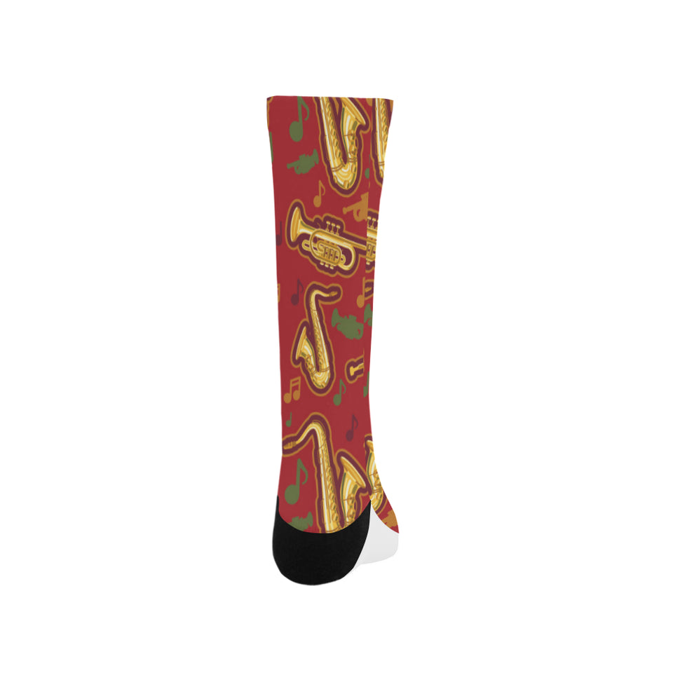 Saxophone cornet pattern red background Crew Socks