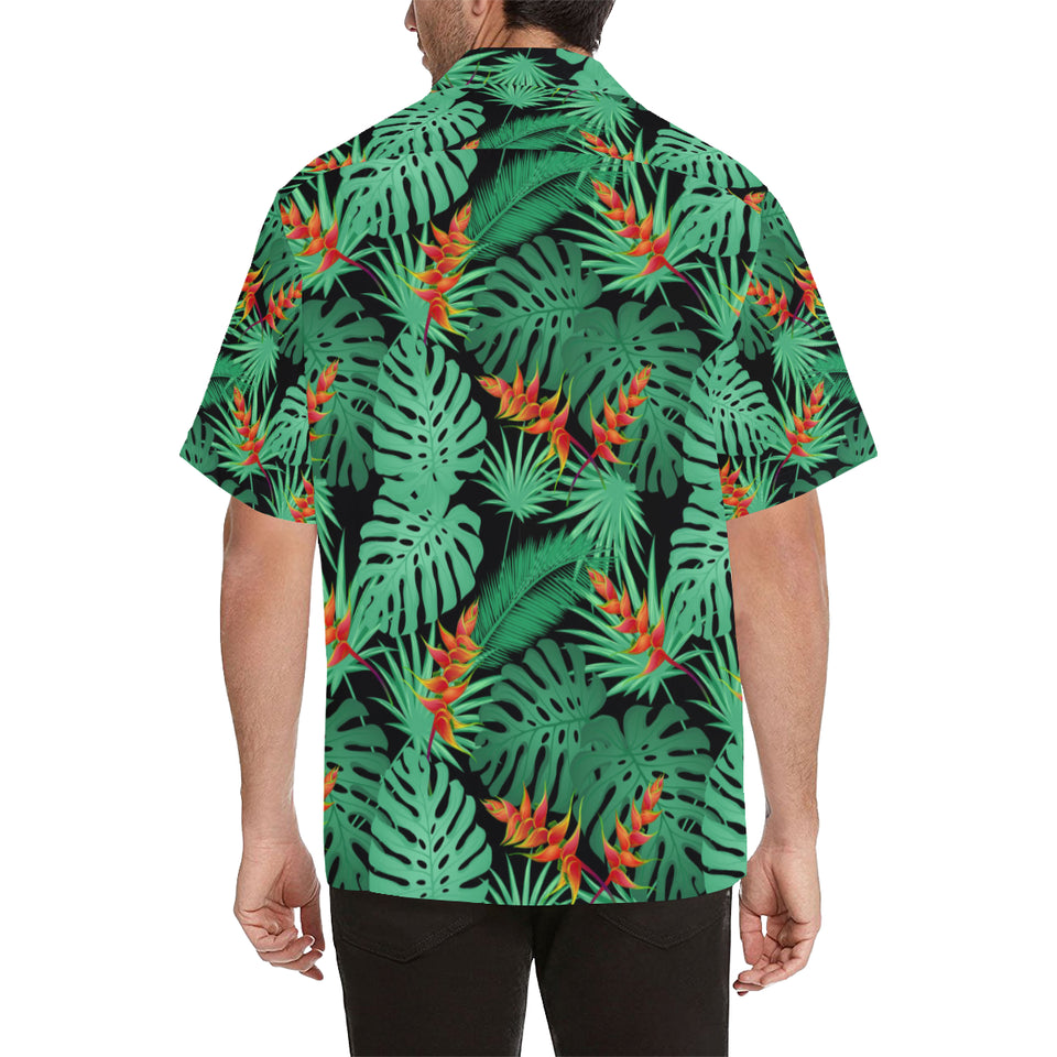heliconia flower palm monstera leaves black backgr Men's All Over Print Hawaiian Shirt