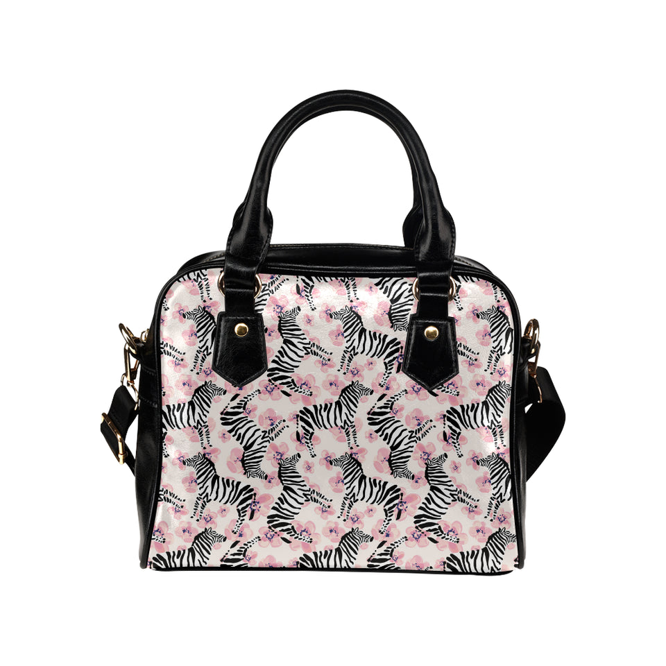 Zebra pink flower background Shoulder Handbag