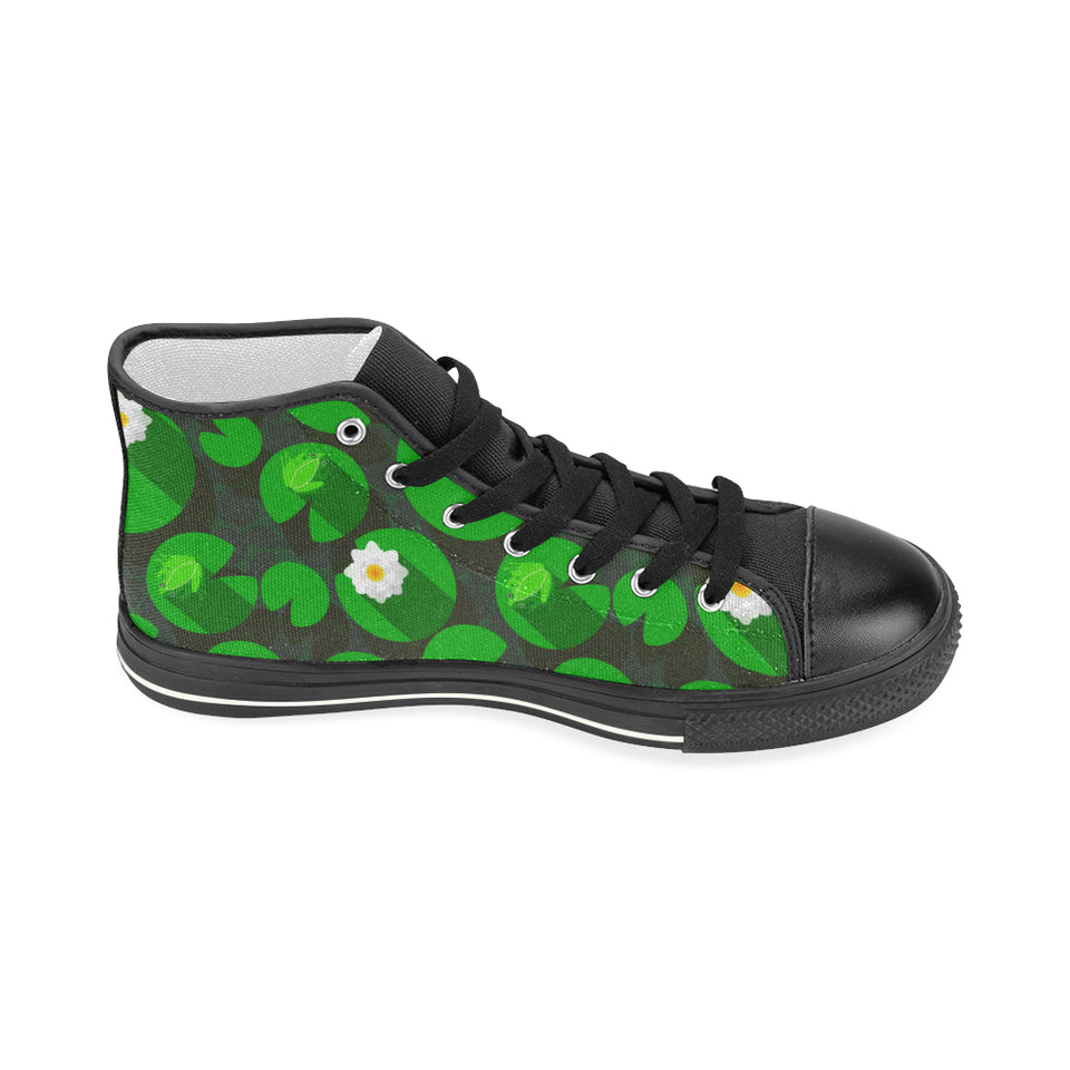 Frog waterlily pattern Women's High Top Canvas Shoes Black