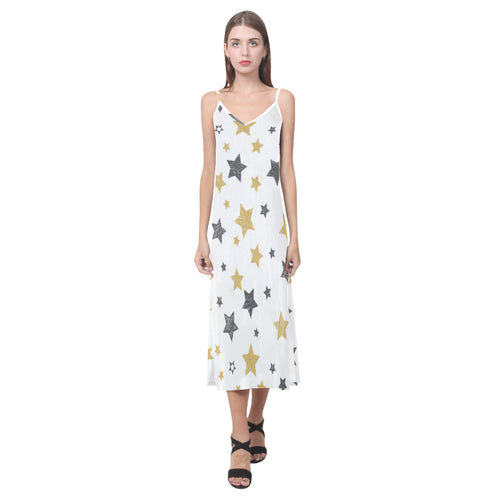 hand drawn gold black star pattern V-Neck Open Fork Long Dress
