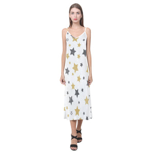 hand drawn gold black star pattern V-Neck Open Fork Long Dress