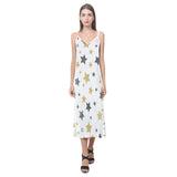 hand drawn gold black star pattern V-Neck Open Fork Long Dress