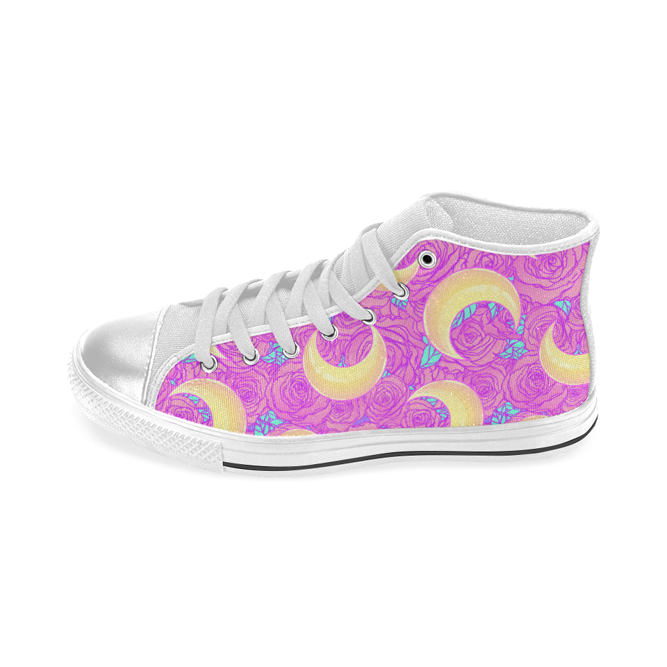Moon pink rose background Women's High Top Canvas Shoes White