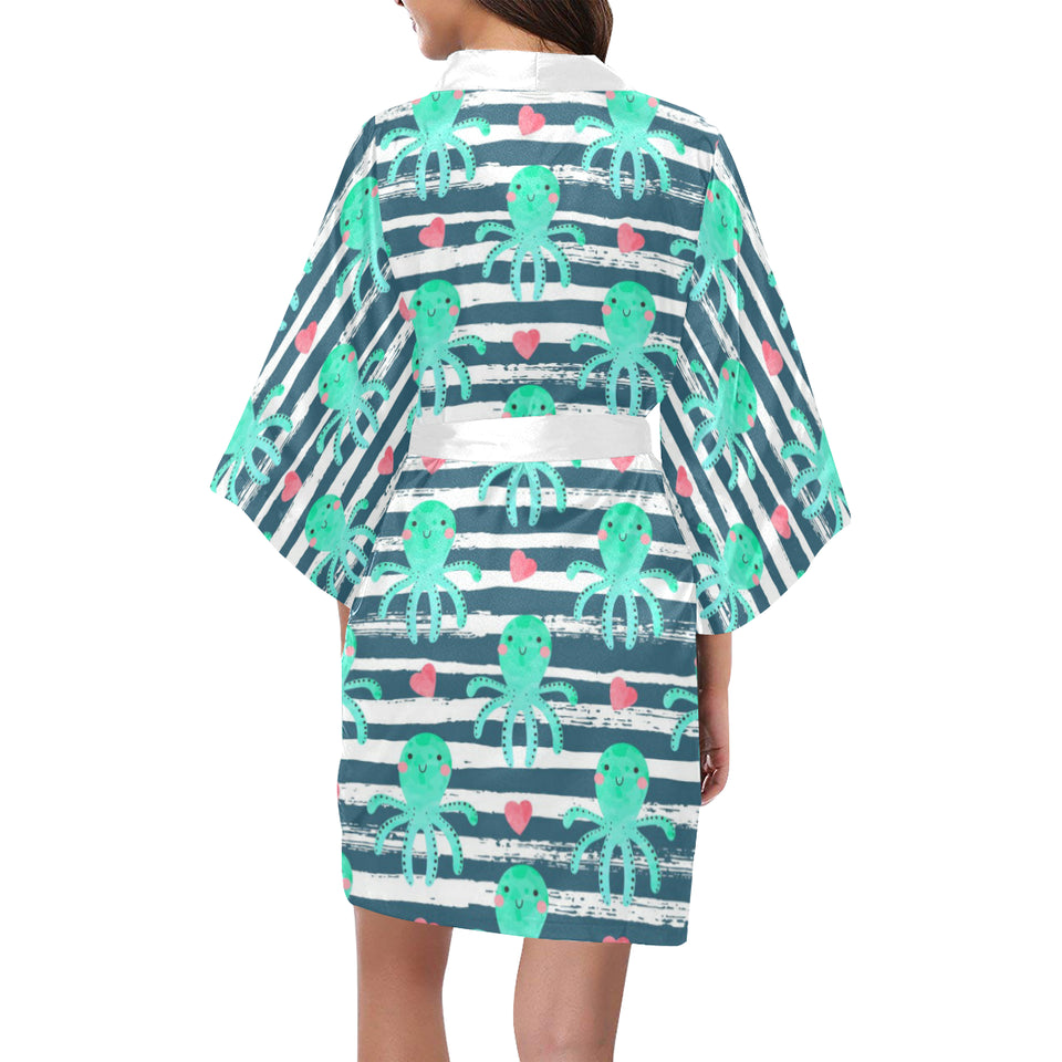 Cute octopuses heart striped background Women's Short Kimono Robe