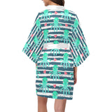 Cute octopuses heart striped background Women's Short Kimono Robe