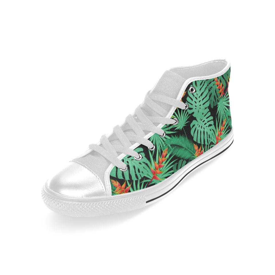 heliconia flower palm monstera leaves black backgr Men's High Top Canvas Shoes White