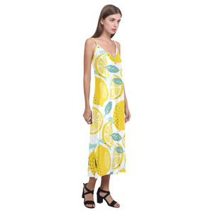 lemon design pattern V-Neck Open Fork Long Dress