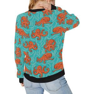 Octopus turquoise background Women's Crew Neck Sweatshirt