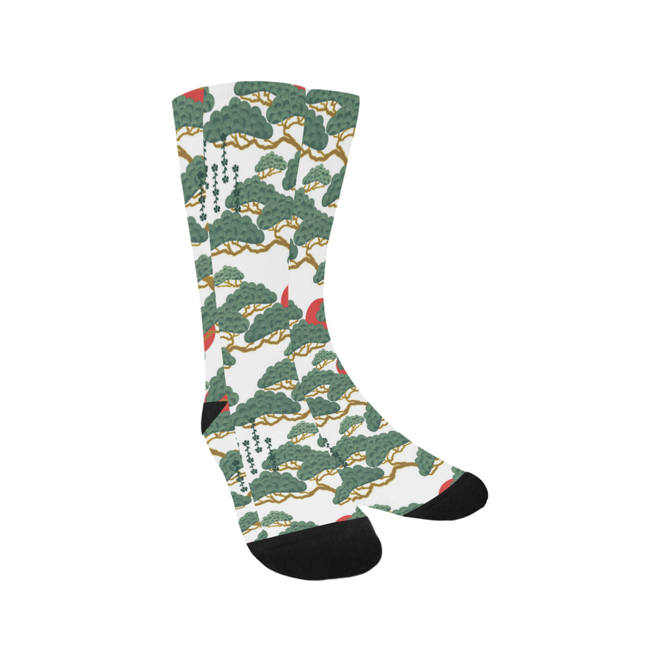 Bonsai red sun japanese pattern Crew Socks