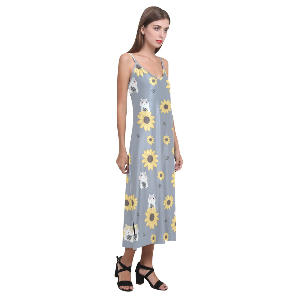 Cute hamster sunflower pattern background V-Neck Open Fork Long Dress