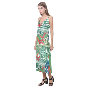 heliconia palm and monstera  leaves pattern V-Neck Open Fork Long Dress