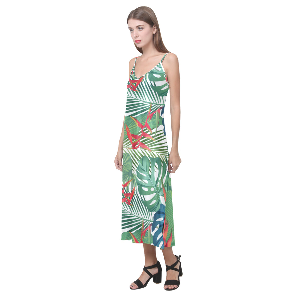 heliconia palm and monstera  leaves pattern V-Neck Open Fork Long Dress