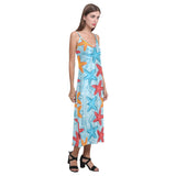 Blue red orange starfish pattern V-Neck Open Fork Long Dress